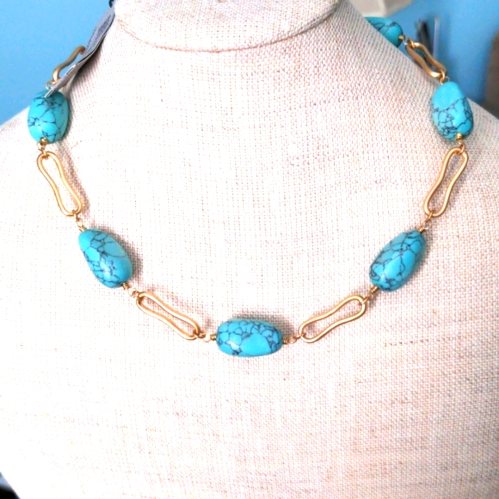 Robert Lee Morris Gold plated Necklace.  Turquoise magnesite.  Vintage, 19" long